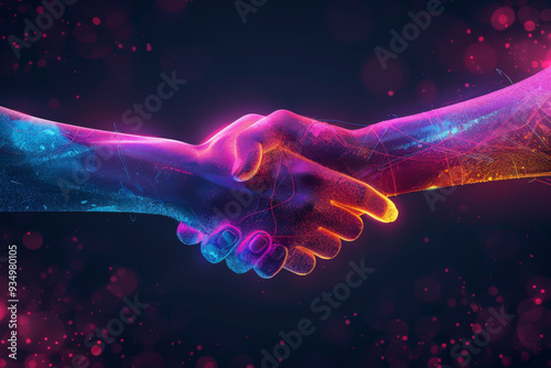 Handshake in digital futuristic style. The concept of partnership
