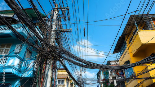 A dense cluster of tangled overhead power cables running between buildings in a vibrant urban neighborhood under a bright blue sky.