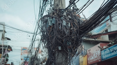 A chaotic bundle of tangled power cables and electrical connections on a utility pole in a densely populated urban area.