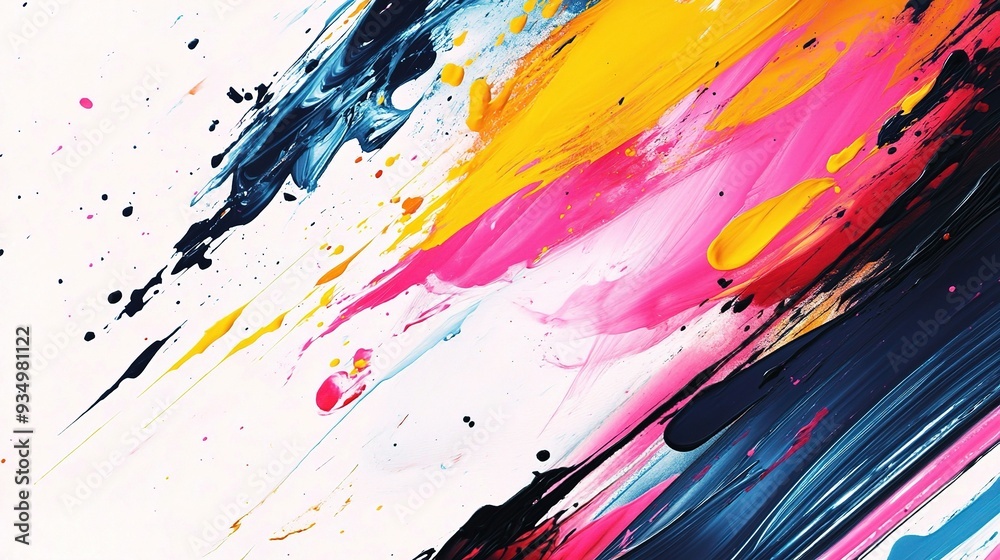 Chromatic Dance: Vivid strokes of blue, pink, and yellow paint explode across a white canvas in a vibrant abstract expression. Chromatic Dance: Vivid strokes of blue, pink, and yellow paint explode across a white canvas in a vibrant abstract expression.