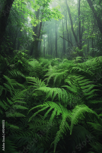 A lush green forest with a foggy atmosphere. The trees are tall and the leaves are green