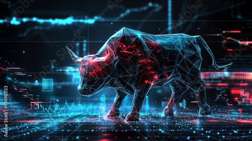 A bull is depicted in a futuristic setting with a red and blue color scheme. The bull is surrounded by a network of lines and dots, giving the impression of a digital or computer-generated image