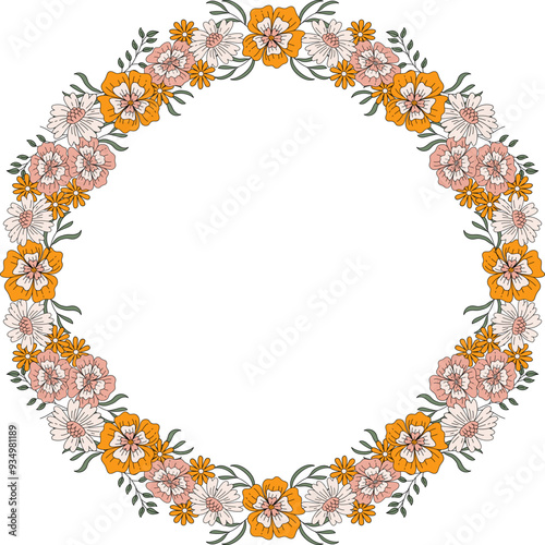 Vector Illustration of Groovy Boho Wildflower Wreath Frame