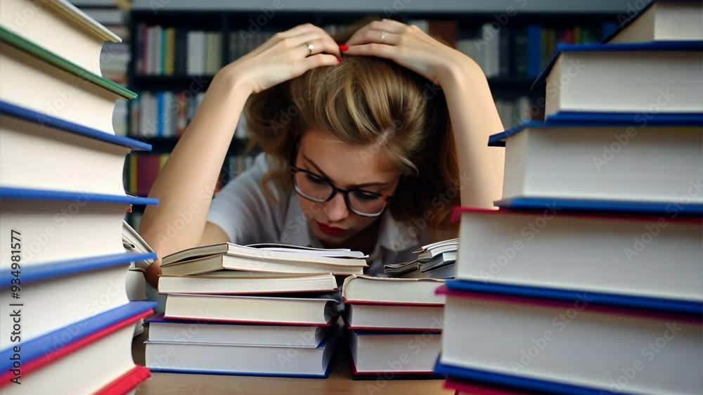 a girl with glasses lying on her books, looking tired and thoughtful after studying hard for an exam. .There are several thick books sitting next to her,generative ai a girl with glasses lying on her books, looking tired and thoughtful after studying hard for an exam. .There are several thick books sitting next to her,generative ai