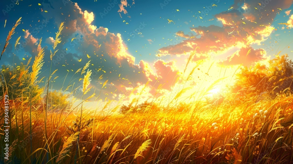 Golden Grass Field at Sunset with Floating Leaves Golden Grass Field at Sunset with Floating Leaves
