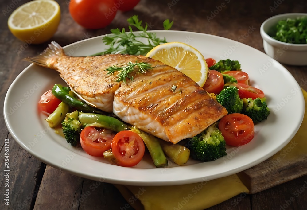 Delicious Fish dish with lemon and salad, Baked or fried salmon or tuna, seafood Healthy concept Delicious Fish dish with lemon and salad, Baked or fried salmon or tuna, seafood Healthy concept