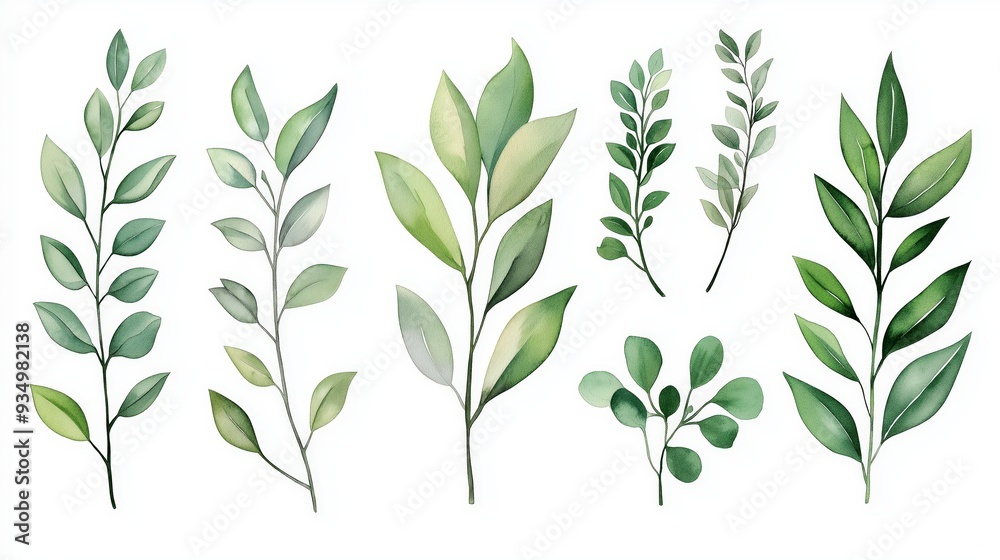 custom made wallpaper toronto digitalSet of watercolor green leaves branches isolated on white background.