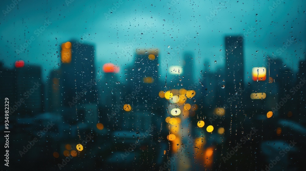 Fototapeta premium View of Night City through a window on a rainy night,Rain drops on window with car on road light bokeh,City life in night in rainy season abstract background. Focus on drops on glass,the wet window.