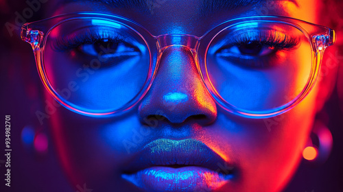 Wallpaper Mural Neon Style Portrait of Black Man with Glasses, Vibrant Colorful Lighting, Futuristic Aesthetic, Close-up Face Visual Art Torontodigital.ca