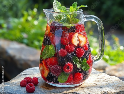 A rustic pitcher of organic fruitinfused water with berries and mint, placed on a stone surface in a natural garden, organic beverage, refreshing and pure photo