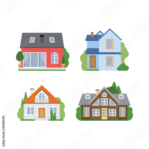 District houses isolated on white background. Flat vector illustration, Isolated cartoon houses set Simple suburban houses Concept of real estate property and ownership. Set of house.
