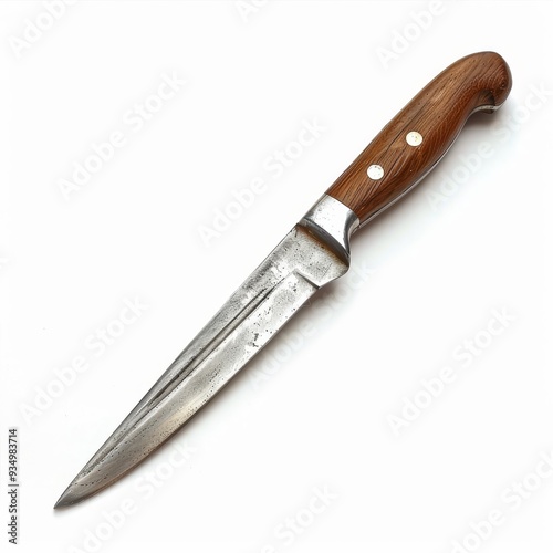 A sharp, stainless steel kitchen knife with a wooden handle. The knife is isolated on a white background.