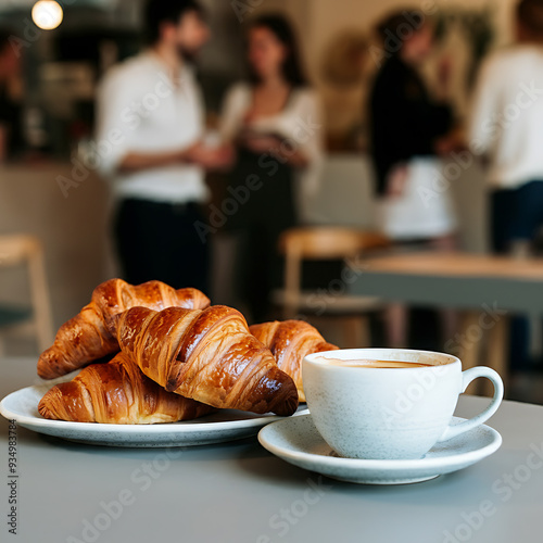 Breakfast view a bunch of croissant and a cup of coffee with cafe vibe background.