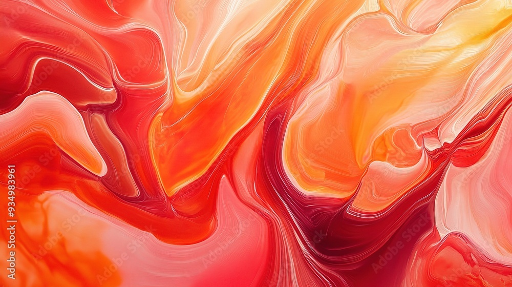 Obraz premium Abstract Fluid Art: Crimson, Orange, and Yellow Swirls - A vibrant and dynamic abstract painting featuring a captivating blend of red, orange, and yellow hues