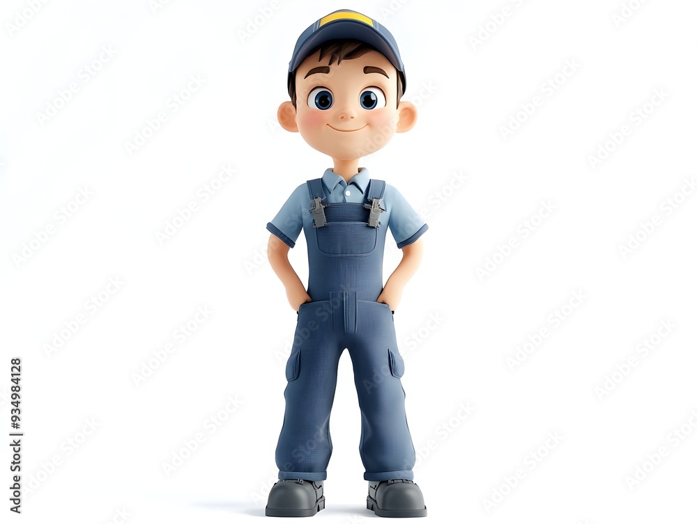 Full Body 3D Animation of Young Boy Wearing Car Mechanic Uniform Standing Centered on a Plain White Background with No Shadow