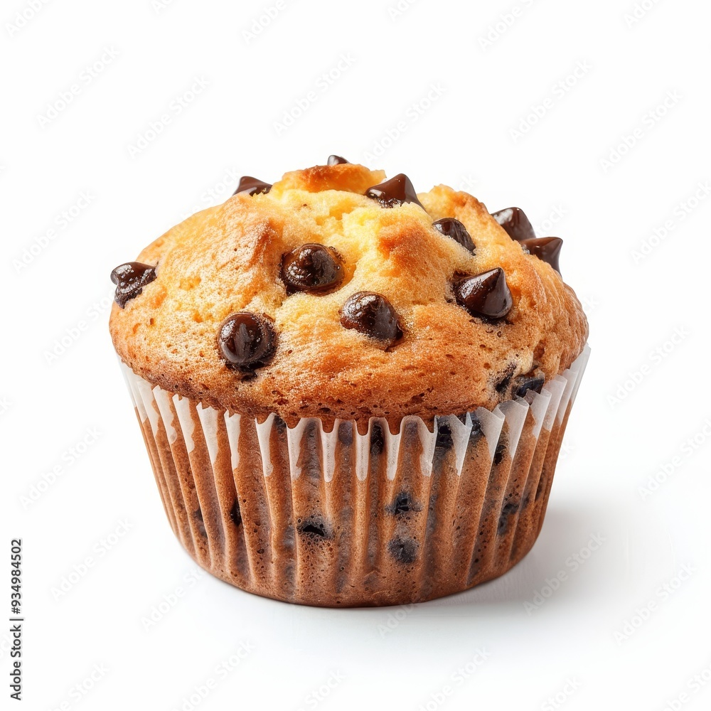 A single chocolate chip muffin, freshly baked and isolated on a white background. A single chocolate chip muffin, freshly baked and isolated on a white background.