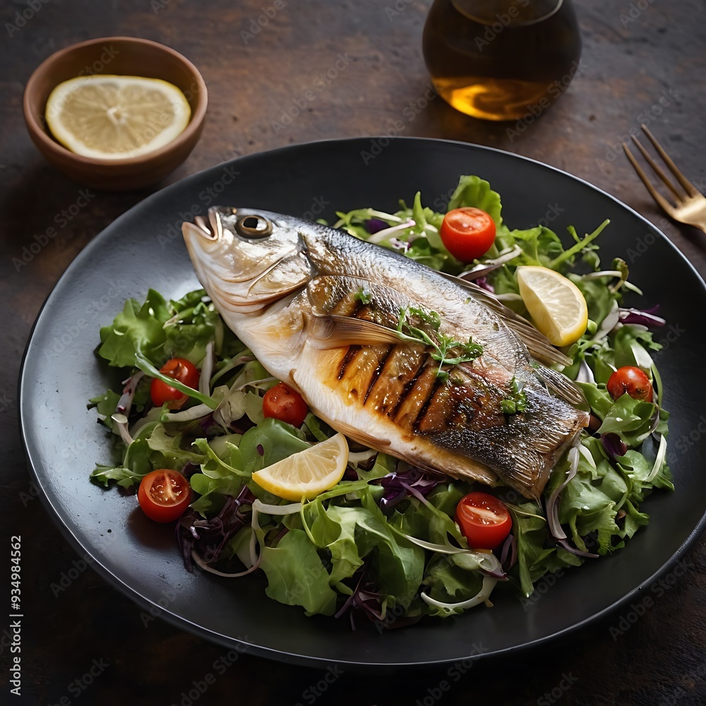 Delicious Fish dish with lemon and salad, Baked or fried salmon or tuna, seafood Healthy concept Delicious Fish dish with lemon and salad, Baked or fried salmon or tuna, seafood Healthy concept
