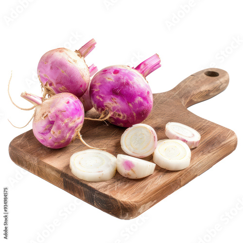 Siced Turnips on chopping board isolate on transparency background photo