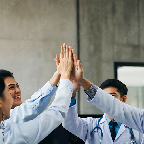 High five, teamwork and doctors hands in collaboration for mission, goal or team building together. Mindset, target or medical group with trust, motivation or support for vision, winning or success.