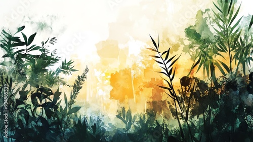 Fototapeta Naklejka Na Ścianę i Meble -  Watercolor Painting of Tropical Landscape