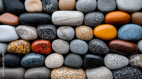 Colorful Assortment of Polished Gravel Stones Displaying Diverse Textures and Patterns on a Concrete Surface, Ideal for Landscaping Projects and Decorative Elements photo