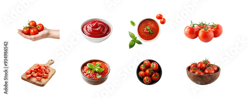 Collection of Tomatoes and source isolate on transparency background photo