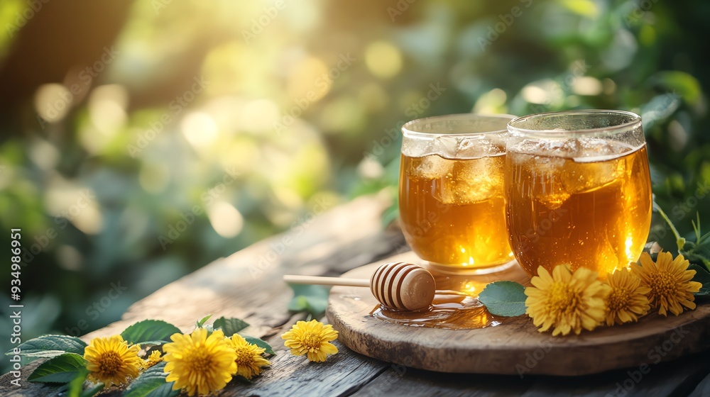 Iced herbal tea with a touch of honey, set on a rustic wooden table, garden backdrop, soft drink beverage, natural and soothing Iced herbal tea with a touch of honey, set on a rustic wooden table, garden backdrop, soft drink beverage, natural and soothing
