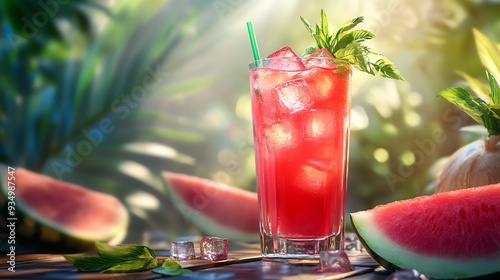 Refreshing watermelon juice with ice cubes, served in a tall glass, summer picnic setting, cold drink ice, fruity and cool photo