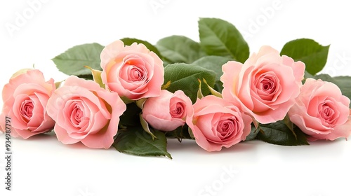 Pink Roses with Green Leaves on White Background.