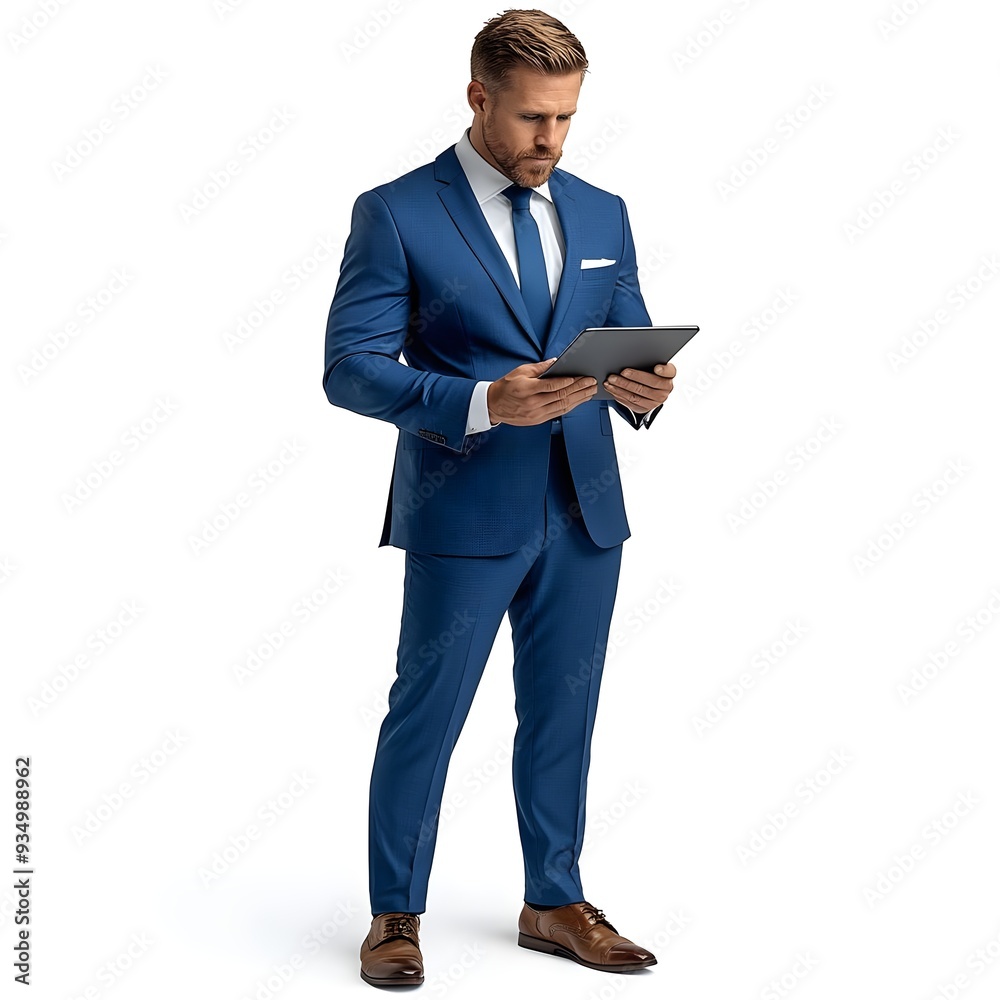 Businessman in blue suit using a tablet. Businessman in blue suit using a tablet.
