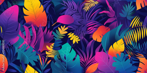 Bold and vibrant seamless pattern with neon-colored tropical leaves on a dark background. Ideal for nightlife, party themes, and exotic designs.
