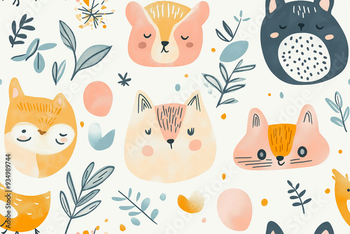 Cute animal faces pattern featuring foxes, bears, and cats in soft pastel colors on a light background.