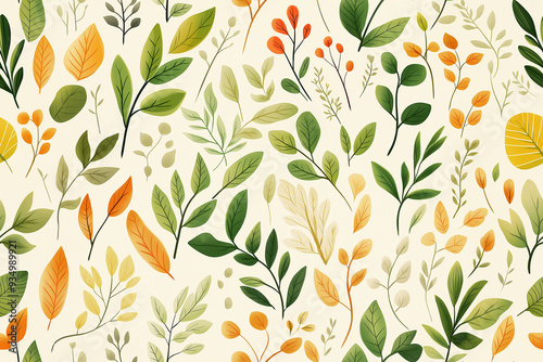 Autumn-inspired pattern with leaves and birds in warm orange, yellow, and brown shades on a light background.