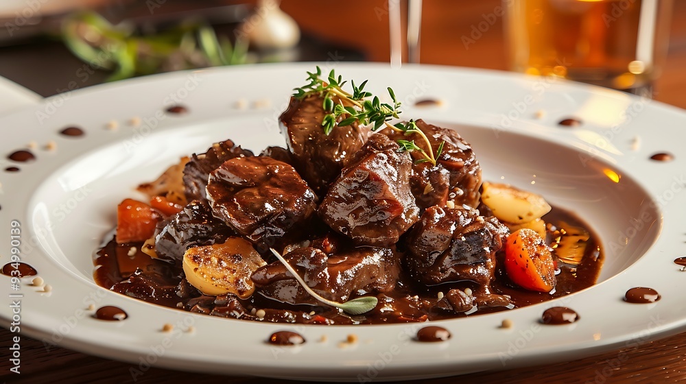 Beef Bourguignon in wine sauce served in a restaurant Beef Bourguignon in wine sauce served in a restaurant