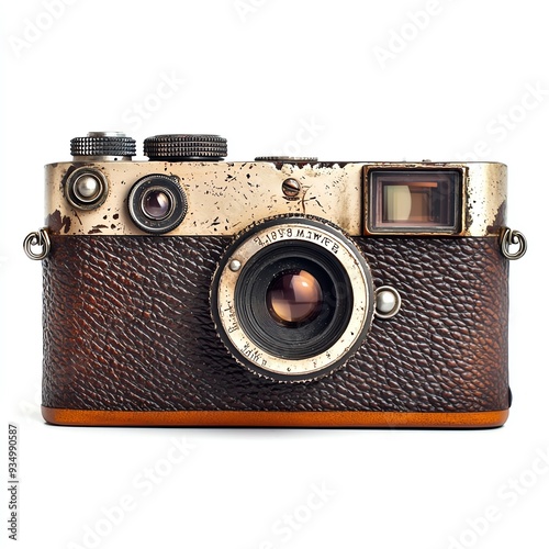 Vintage Leica camera with leather casing and gold accents.