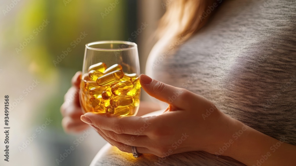 A close-up of prenatal vitamins with a pregnant woman’s hand holding a glass of water A close-up of prenatal vitamins with a pregnant woman’s hand holding a glass of water