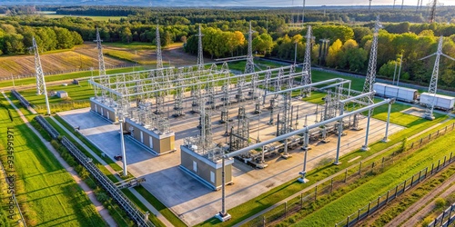 Aerial view of a high voltage substation, power lines, electricity, infrastructure, technology, energy, industrial