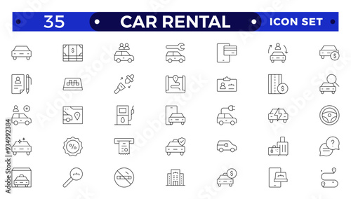 Car and rent simple minimal thin line icons. Related car rent, repair, transport, travel. Car dealer, vehicle and automobile industry related outline icons set.