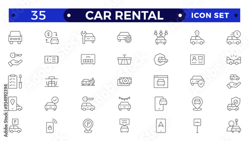 Car and rent simple minimal thin line icons. Related car rent, repair, transport, travel. Car dealer, vehicle and automobile industry related outline icons set.