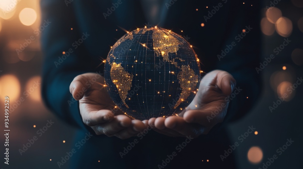 Fototapeta premium CRM. Customer network relationship management concept, Businessman hold of global structure customer network technology, Data exchanges development. customer service, Banking, Business strategy.