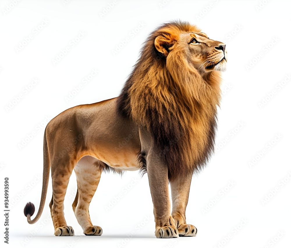 Obraz premium Majestic Lion Standing Against White Background.