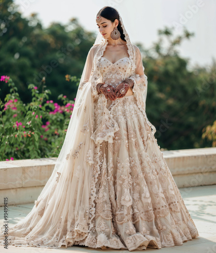 Elegant Indian bride in ornate embroidered wedding gown outdoors