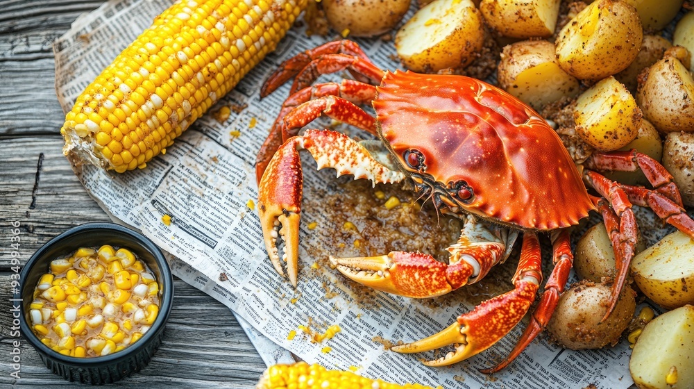 A cooked crab with potatoes, corn, and corn kernels in a bowl. A cooked crab with potatoes, corn, and corn kernels in a bowl.