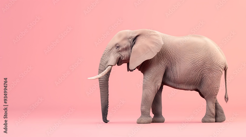 Obraz premium One elephant standing still, ready to walk, against a pink background.