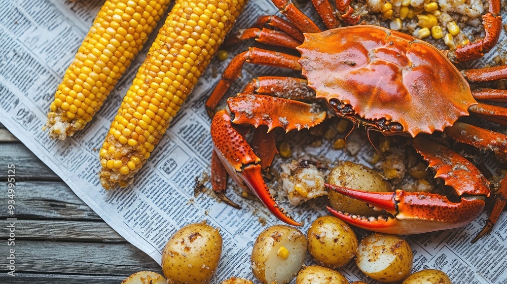 A cooked crab, corn on the cob, and potatoes sitting on top of a piece of newspaper. A cooked crab, corn on the cob, and potatoes sitting on top of a piece of newspaper.