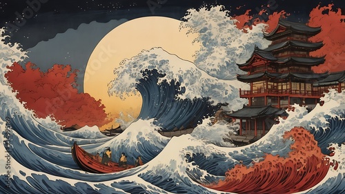 Traditional Japanese ukiyo-e style artwork depicting a dramatic ocean scene features a large, powerful wave dominating the right side, with intricate details of white foam and deep blue water