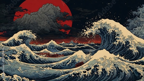 Traditional Japanese ukiyo-e style artwork depicting a dramatic ocean scene features a large, powerful wave dominating the right side, with intricate details of white foam and deep blue water