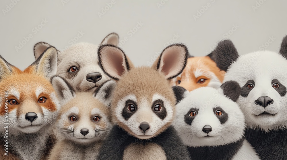 Obraz premium Adorable group of cartoon animal plush toys including panda, fox, and raccoon, creating a cute and cuddly scene for children and toy lovers.
