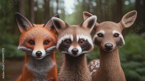 Adorable fox, raccoon, and deer posing together in a forest, showcasing wildlife harmony and natural beauty. photo