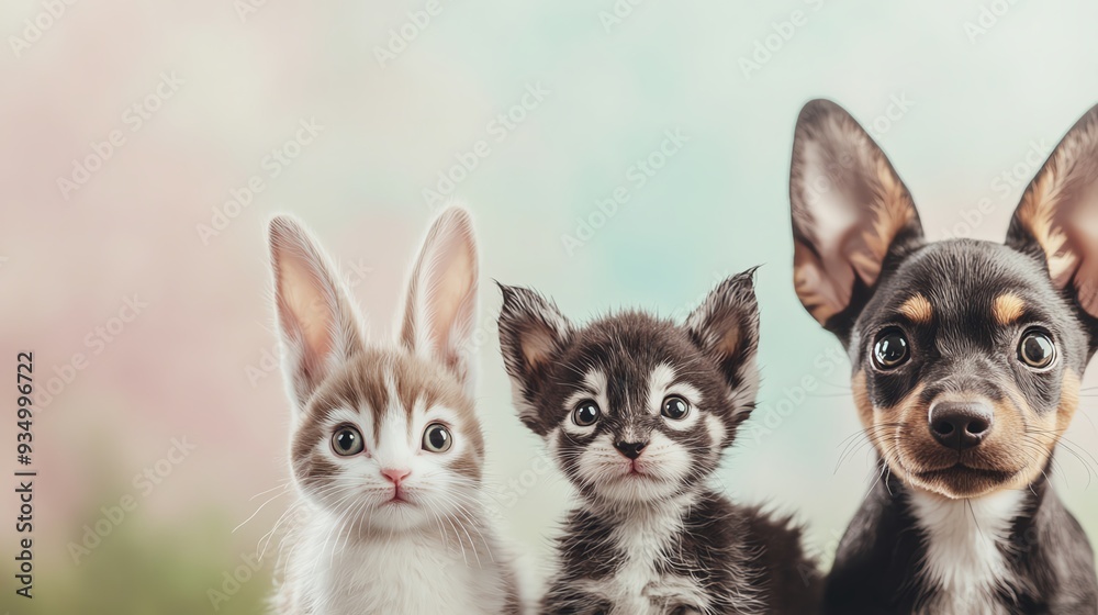 Cute rabbit, kitten, and puppy together against a pastel background. Adorable pets posing in a colorful setting for a charming photograph. Cute rabbit, kitten, and puppy together against a pastel background. Adorable pets posing in a colorful setting for a charming photograph.